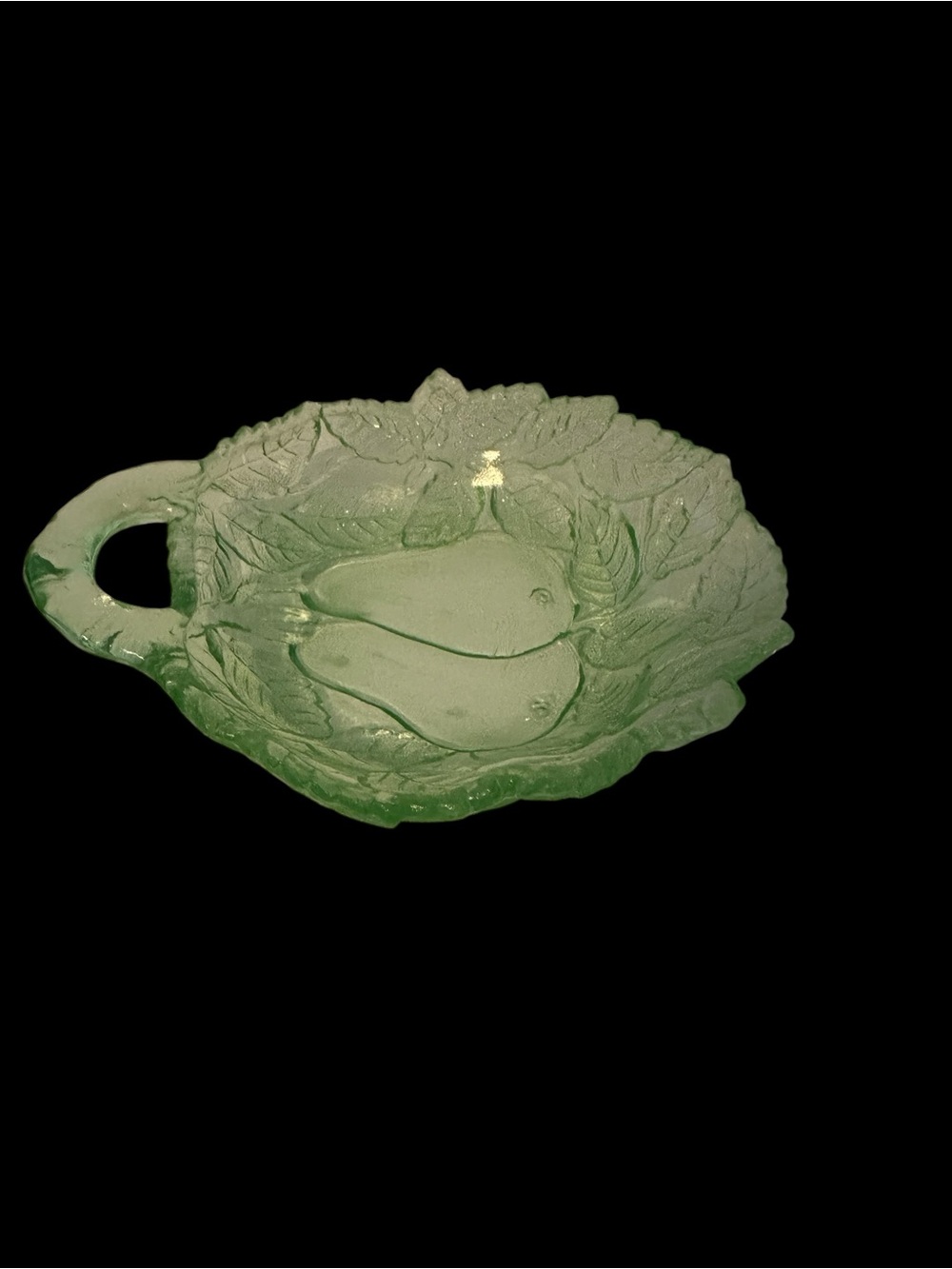 Vintage Indiana Glass Sweet Pear Avocado Green Single Handle Dish Uranium Glows
